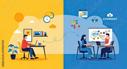Illustration comparing remote work from home with collaborative in-office work environments.