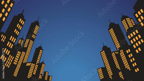 Modern Night Cityscape With Tall Buildings – Urban Skyline Architecture Background Vector Illustration