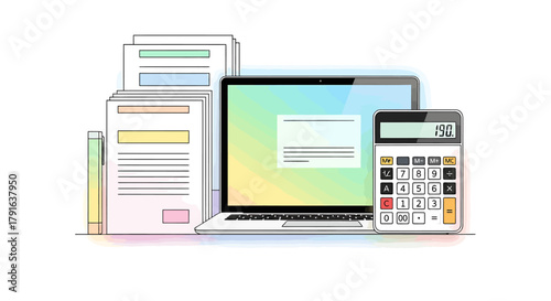 Financial Planning & Accounting Laptop, Calculator, & Documents Illustration