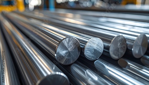 Closeup view of steel rods with industrial material in factory production.