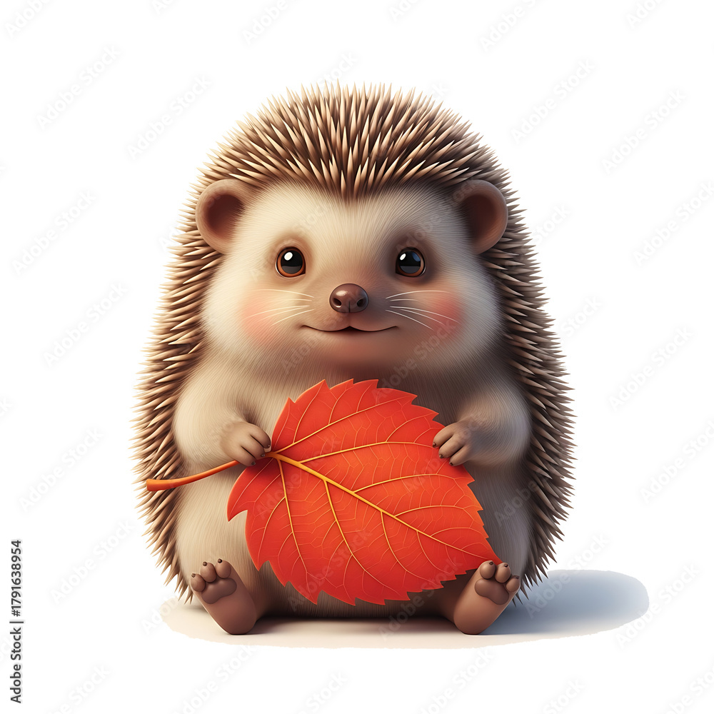 Naklejka premium Microstock Cute Slightly Shy Hedgehog Landak holding large perfect vibrant red orange autumn leaf daun musim gugur sign, isolated transparent background, png