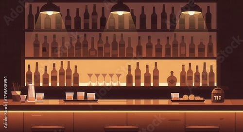 Illuminated liquor bottles line shelves behind a warm glowing bar top