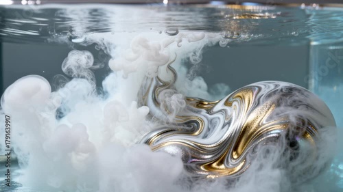 Abstract Marbling Effect of White Ink and Metallic Swirls in Water