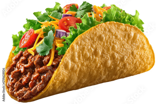 Delicious ground beef taco with fresh toppings and cheddar cheese