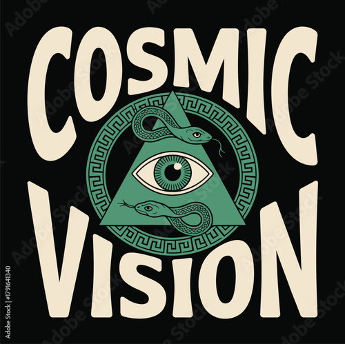 Geometric triangle contains a symbolic eye with snakes, surrounded by the words cosmic vision