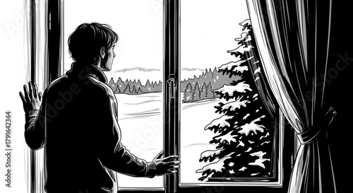 Monochrome illustration of a person standing alone by a window.
