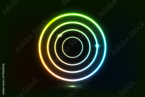 Glowing neon rings in a gradient of green, yellow, and blue against a black background. Abstract, futuristic, and vibrant design.