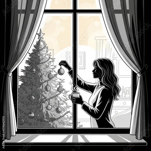 Black and white graphic illustration of a woman decorating a Christmas tree.