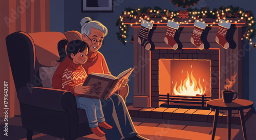 Loving grandmother reading a storybook to her young granddaughter in an armchair.