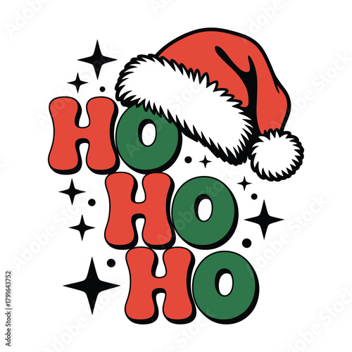 Retro Ho Ho Ho Christmas Text with Santa Hat and Stars Vector