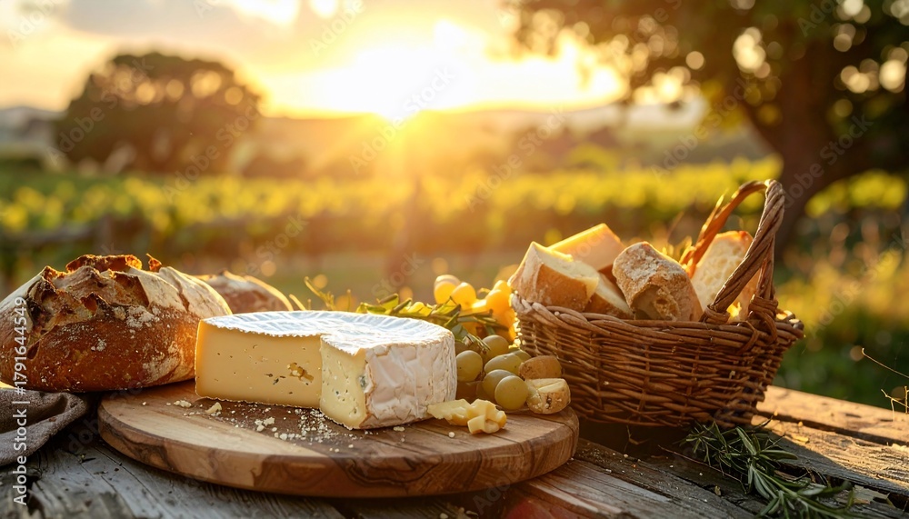 Naklejka premium Delicious cheese and bread picnic basket with wine and vineyard sunset view.