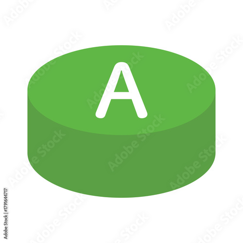 シンプルな緑のAボタンのベクターイラスト。円柱状のゲームのスイッチの背景透過素材