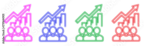 Neon graphic showing a set of four icons representing business growth and team success with upward trending bar charts and arrow indicators in colorful glowing neon outlines isolated on white.