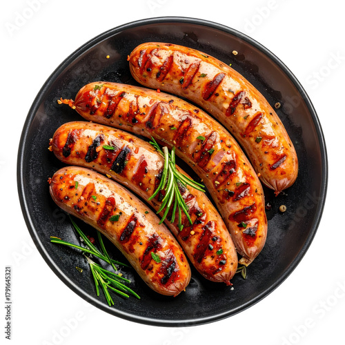 Juicy grilled sausage slices on a dark plate, a hearty and savory appetizer or snack, perfect for serving with mustard at a party or barbecue