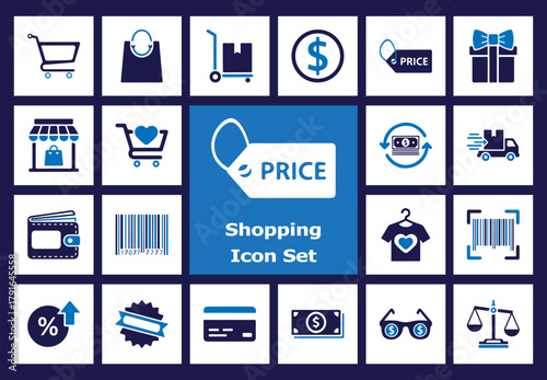 Flat E-commerce and Shopping Icon Set: Cart, Price Tag, Payment, Delivery, and Retail Items. Solid Color Vector Graphics.