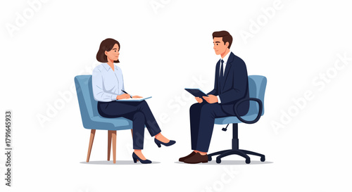 A man in a suit conducts a job interview with a woman in an office setting vector illustration