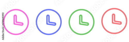A set of four colorful neon clock icons with a simple line design, isolated on a white background, representing time concepts and digital interface elements.