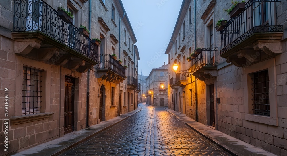 Obraz premium Old european cobblestone street at dusk with warm lamplight