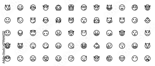 Smiley and people icon set. Expressive emoji vector ollection. Featuring kiss,wink, boy, robot, cool, laghing, love, sad, angry, cwboy, alien and more. Editble thin line icons.