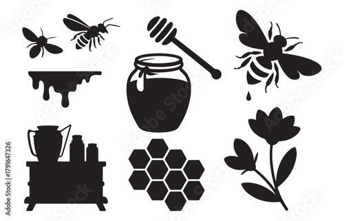 Honey Bee Hive Silhouette Icons and Elements Collection.