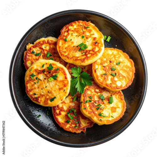 Crispy mini potato pancakes, or latkes, served on a dark plate with a side of sour cream or applesauce, isolated on white background