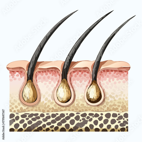 Scientific watercolor illustration depicting the anatomy of human hair follicles within the skin layers, showing the hair growth cycle