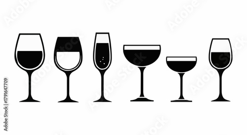 Elegant Black and White Line Art Illustration of Different Wine Glasses
