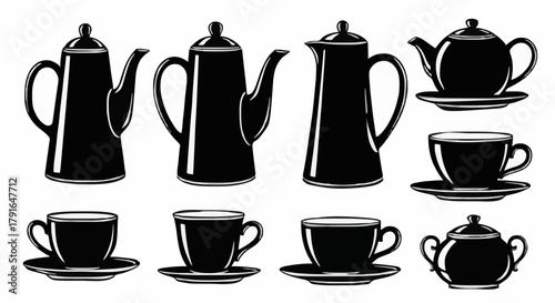A vintage collection of black silhouette icons featuring a coffee pot, teapot, cups, and sugar bowl for beverage service