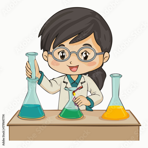 Scientist in a lab, conducting chemical experiments and mixing liquids with flasks and beakers