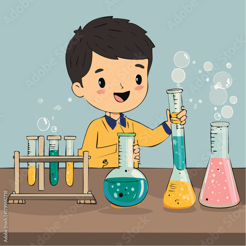 Joyful child learning chemistry with colorful flasks and test tubes. A creative cartoon concept illustrating scientific exploration and educational discovery