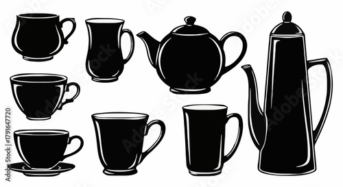 Collection of elegant black teacups, coffee cups, a teapot, and a coffee pot for designs and illustrations