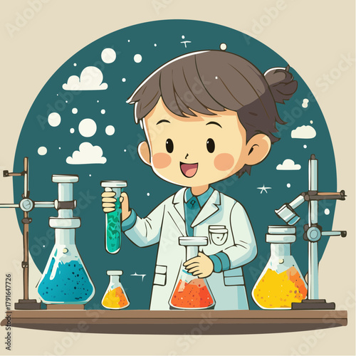 A cheerful cartoon child scientist in a white lab coat joyfully conducting a colorful chemistry experiment with beakers and test tubes in a laboratory