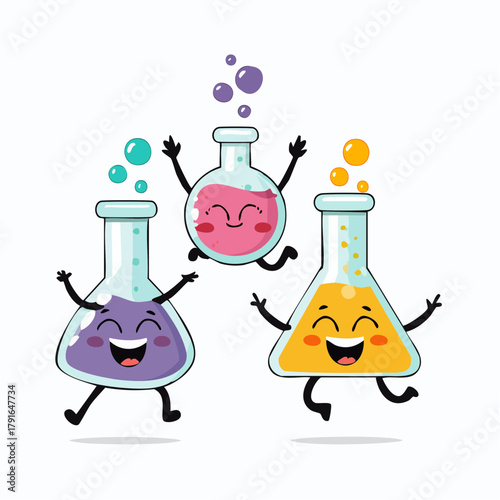 Joyful cartoon laboratory flasks with colorful bubbling liquids, celebrating the vibrant and fun spirit of science, chemistry, and playful discovery