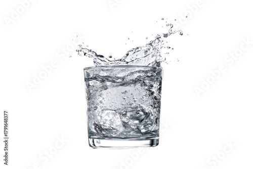 Glass of fresh water with ice splash on transparent background