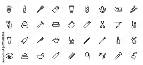 Beauty Salon icon set. Vector illustration. Includessymbols for electric shave, liquid makeup, tweezers,shampoo, cream, barber sho, aloe vera, towel, flat ion, perfume and more.
