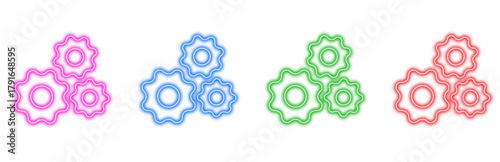 A colorful set of interconnected neon gear icons representing teamwork and mechanical processes, isolated on a clean white background, ideal for technology and industry concepts