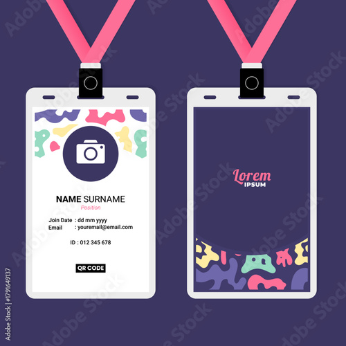 Modern ID card badge template. Vertical vector set with abstract groovy pattern and lanyard