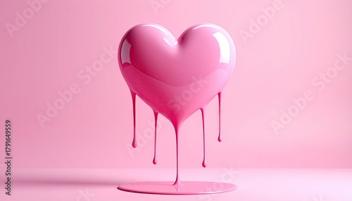 Glossy pink heart melting, dripping paint on soft pink ground
