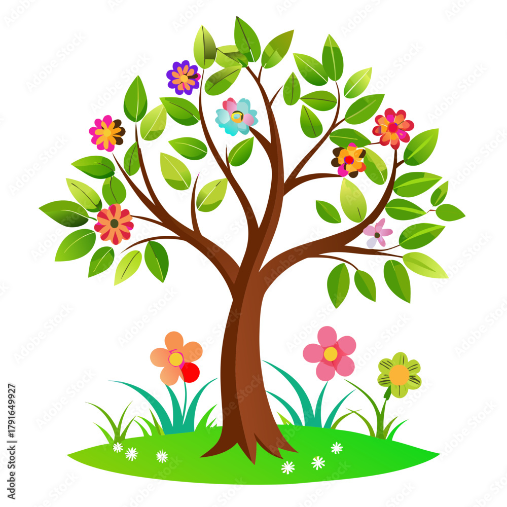 Obraz premium Cheerful spring illustration of a blossoming tree with colorful flowers and vibrant green leaves, perfect for nature-themed designs and spring promotions