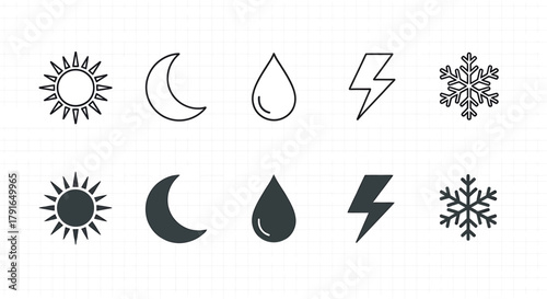 Weather Icons - Sun, Moon, Rain, Lightning, and Snowflakes in Two Styles.