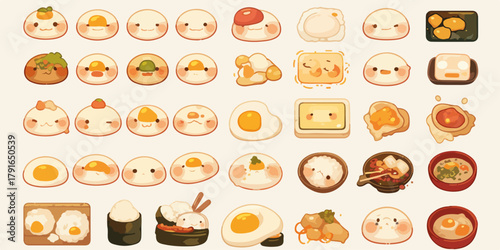 かわいい和菓子と朝食のイラストセット、ベクター素材