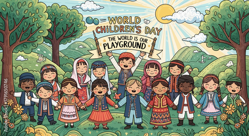 World Children's Day Doodle Illustration: Diverse Group of Kids Playing Outdoors Around a Colorful Tree, Celebrating Unity and Global Childhood Happiness Concept