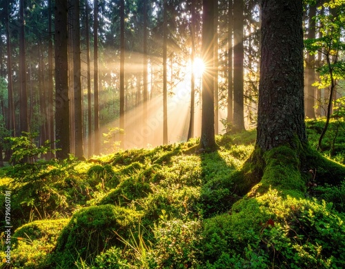 Sunburst through lush forest, mossy ground, tall trees