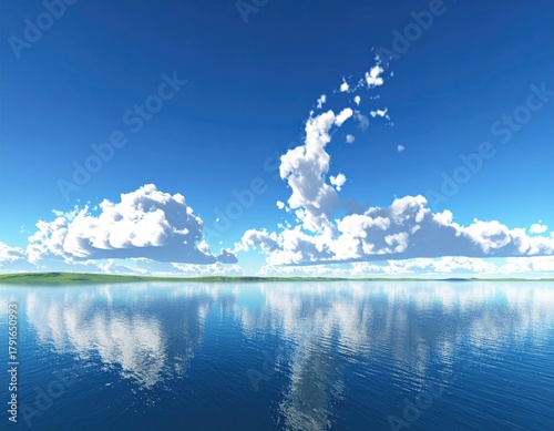 Tranquil waters reflect cloudscape, horizon greenery
