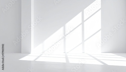 White room corner; sunlight cast grid-like shadows