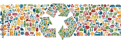 リサイクルシンボルを構成するカラフルなアイコンのベクターイラストレーション、環境保護と持続可能性を表現