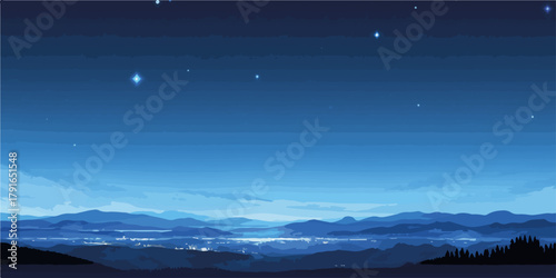 星空の下、街の明かりが輝く夜景のベクターイラスト。静かで幻想的な風景。