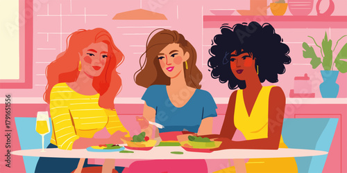 多様な背景を持つ3人の女性が、明るいキッチンでサラダを囲みながら食事を楽しんでいる様子。