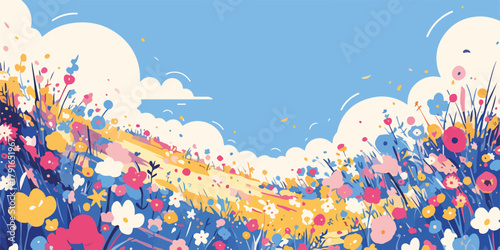 青空と雲の下、色とりどりの花々が咲き誇る、明るく楽しい春の野原のベクターイラスト。