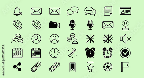 Collection of Communication and Interface Icons for Web and App Design.